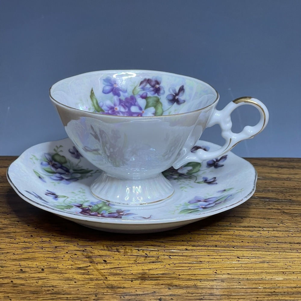 Vintage Del Mar Japan Painted Pedestal Teacup Saucer Violets Lusterware 24k‎